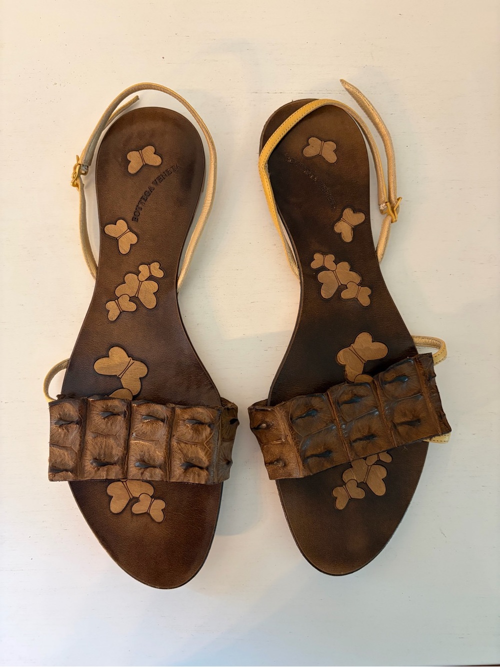 Bottega Veneta Brown Crocodile Embossed Strappy Women's Sandals